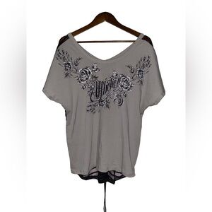 Affliction Julia‎ Rose Silver Mesh Women Medium Cinch Tie Panel Tee Shirt Moto